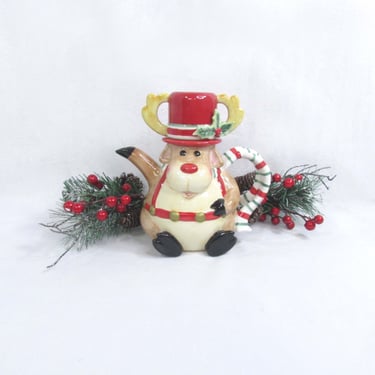 Ftiz and Floyd Reindeer Hot Cocoa Pot Tea Pot Snack Therapy -Christmas - Candy Cane Handle -Hat Lid Doubles as Cup 