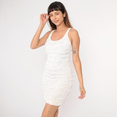 Vintage Bodycon Mini Dress 90s Y2K White Crinkled Retro Simple Party Dress Sleeveless Going Out Backless Dress Tank 1990s Open Back Medium 