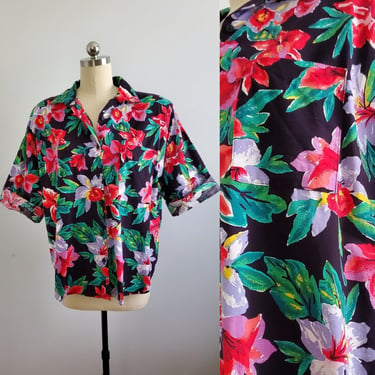 1980s Hawaiian Print Jacket by Michelle Leslie - 80s Resort Wear - 80s Tropical Shirt - Women's Vintage Size 2XL 