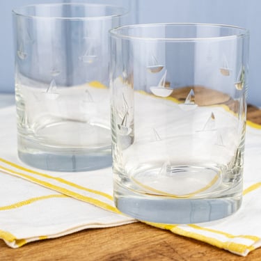 English Hand-Engraved Sailing Double Old-Fashioned Glasses - Set of 2