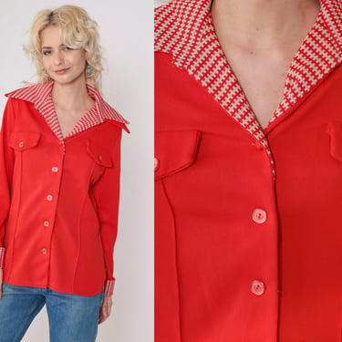 70s Red Shirt Checkered Double Dagger Collar Shirt Button Up Shirt Long Sleeve Top Disco Shirt 1970s Collared Plain Polyester Medium 