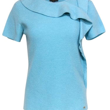 Escada - Pool Blue Wool & Silk Short Sleeve Sweater w/ Ruffles Sz M