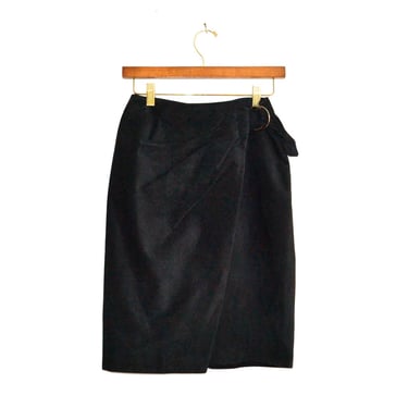 90s Vintage Suede Leather Skirt Black// Vintage Black Suede Wrap Skirt size Small Medium 