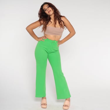 70s Lime Green Bell Bottoms Vintage Flared Pants Hippie Flares Bellbottom High Waisted Rise Bohemian Trousers Seventies 1970s Small S 