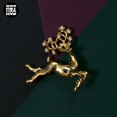 Jumping Gold Deer with Rhinestones Vintage Brooch 