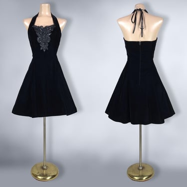 VINTAGE 80s 90s Black Velvet Mini Crinoline Party Dress By JUMP | 1980s 1990s Sweetheart Halter Neck Prom Dress | VFG 