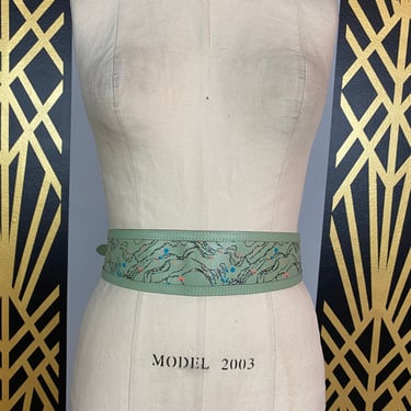 1980s belt, green leather belt, novelty print, paint splash. vintage belt, back buckle, wide, squiggly, medium, 29 30 31 32, obi style, 