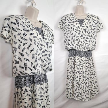 Vintage 80s Black & White Geometric Dress, Size Medium / Large 