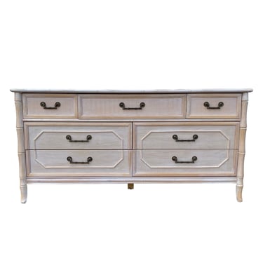 Vintage Faux Bamboo Dresser with 7 Drawers by Broyhill - White Wash Wood Hollywood Regency Palm Beach Coastal Furniture 