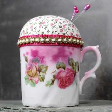 Tea Cup Pin Cushion | Upcycled Vintage Porcelain Pink Floral Tea Cup | One of a Kind Gift for Anyone Who Loves to Sew | Quilter's Gift 