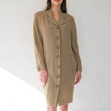 Vintage 90s Jones New York Tan Rayon Blend Structured Drop Shoulder Blazer Dress | Duster, Overcoat, Bohemian | 1990s Designer Jacket Dress 