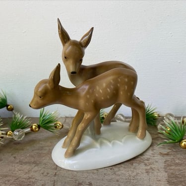 Vintage Fawn Figurine, Germany, 2 Baby Deer, Erphila, Winter Christmas Decor 