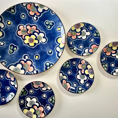 Vintage Japanese Cherry Blossom Serving Platter and Appetizer Plates, Set of 6 
