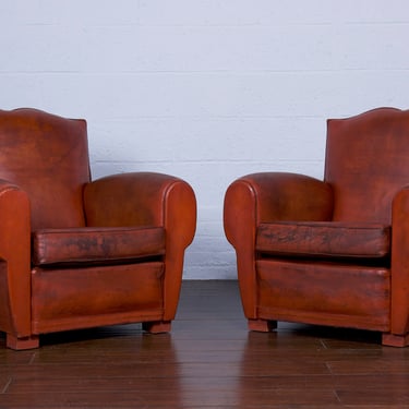 1950s French Art Deco Traditional Mustache Back Leather Club Chairs - a Pair 