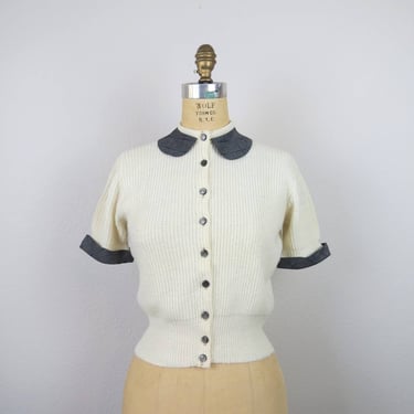 Vintage 1950s cardigan sweater, peter pan collar, short sleeves, cropped knit 