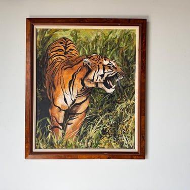 1980's Vintage Renee Tiger on the Grass Oil Painting - Framed 