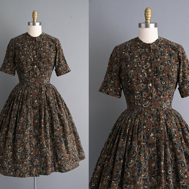 1950s vintage dress | Corduroy Paisley Print Shirtwaist Dress | Small | 