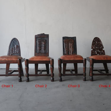 Primitive Hand Carved Wood and Leather Chairs 