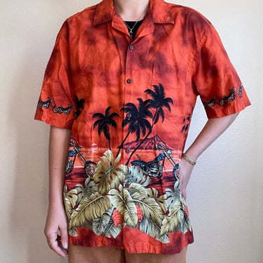 Vintage Mens Pacific Legend Hawaiian Motorcycle Cotton Button Down Short Sleeve 