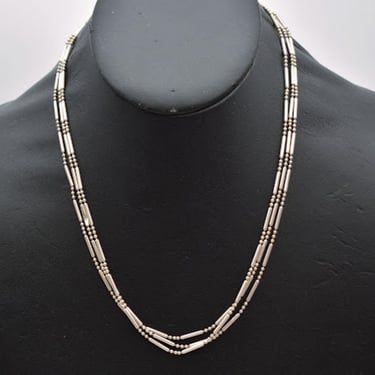 Mod 80's sterling bars & beads necklace, geometric 3 strand FAS Italy 925 silver torsade chain 