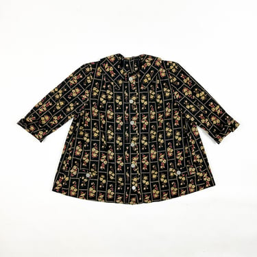 1950s / 1960s Black Based Floral Smock Top / Three Quarter Sleeves / Geometric / Calico / Large / Trapeze / Home Made / M / L / Cottage / 