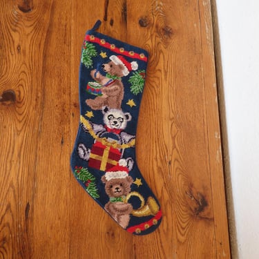 Vintage Needlepoint Christmas Stocking Teddy Bears 