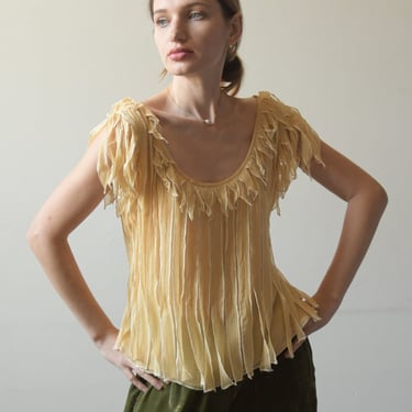 6980t / yellow silk chiffon paneled leaf blouse 