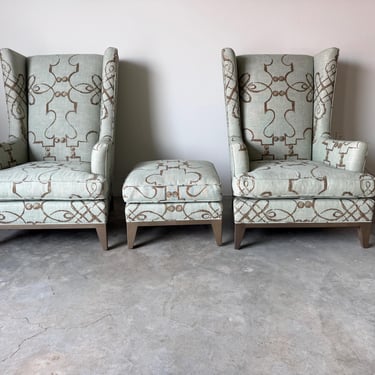 Donghia High Wingback Arm Lounge Chairs and Ottoman – Set of 3 