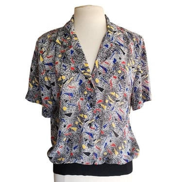 Vintage 80s Bold Print Blouse Colorful Confetti Memphis Design Lauren Lee 