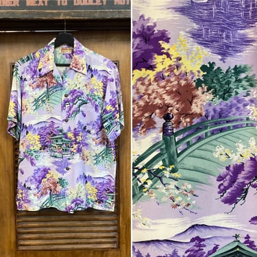 Vintage 1950’s Purple Color Asian Japanese Crepe Loop Collar Hawaiian Shirt, 50’s Vintage Clothing 