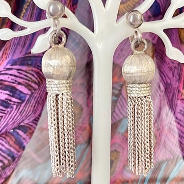 Sterling Vintage Earrings, Fringe Chain Tassel, Dangle Drop, Taxco 925 Sterling, Mid Century, Screw Back Style 50s 60s Mexico 