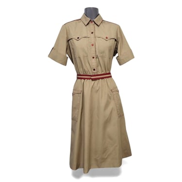 Vintage Western Cowgirl Shirtwaist Khaki Dress, Red Contrast Stitching, Bust Boogie Woogie Bugle Boy, Utility  Patriotism, A-Line Skirt Midi 