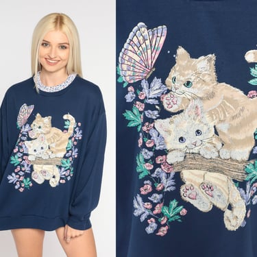 90s Kitten Sweatshirt Butterfly Cat Sweater Floral Collar Baby Animal Graphic Crewneck Kawaii Cute Oversized Navy Blue Vintage 1990s Large L 