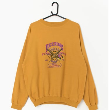 Vintage mustard yellow sweatshirt with bright baseball themed embroidery, mens - Large 