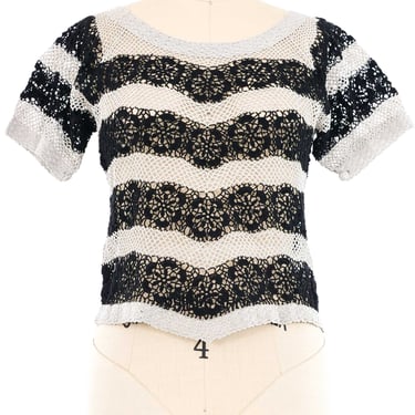 Black and Grey Striped Floral Crochet Top