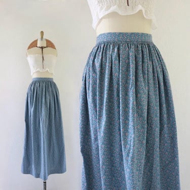 homespun calico skirt - 34 - vintage womens blue ditsy floral long homemade floor maxi skirt cottage prairie boho hippie 