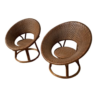 Pair Mid Century Rattan and Woven Wicker Circular Chairs 