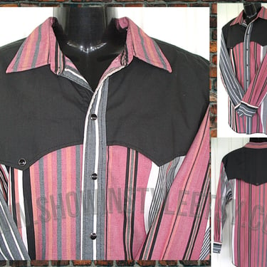 H Bar C, California Ranchwear Vintage Western Men's Cowboy Shirt, Pink, Black, & White Stripes with Cape, Approx. Large (see meas. photo) 