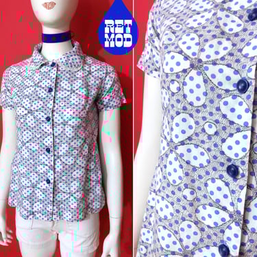 Sweet Mod Vintage 60s 70s White & Blue Polka Dot Floral Cotton Short Sleeve Button Down Blouse with Peter Pan Collar 