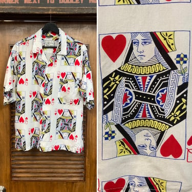 Vintage 1980’s Queen of Hearts Playing Card Rayon New Wave Hawaiian Shirt, Loop Collar, 80’s Vintage Clothing 