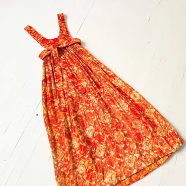 1970s Printed Orange Velvet Pinafore Dress 