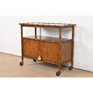 Baker Furniture Mid-Century Hollywood Regency Walnut Faux Bamboo Rolling Bar Cart Server, Circa 1960s