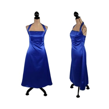 XS-S | Royal Blue Satin Formal Dress, Empire Waist Tea Length Cocktail Prom Bridesmaid, Halter Evening Gown, 50s Style Clothes Women Vintage 