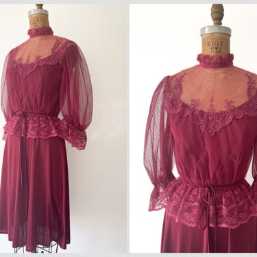 Vintage 1970’s - early ‘80s 2 piece dress set | Victorian lace blouse & spaghetti strap disco dress,  berry wine, XS 