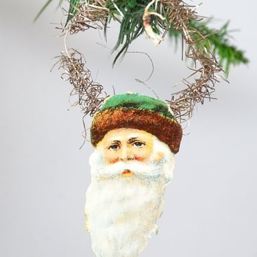 Early 1900's Victorian Die Cut and Tinsel Belsnickel Santa Scrap Ornament, Vintage Holiday Decor 