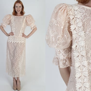 80s Peach Deco Wedding Dress Sheer Floral Lace Flapper Gown See Through Bridal Outfit Blush Gatsby Inspired Transparent Dress 