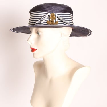 1940s 1950s Navy Blue and White Striped Gold Beaded Nautical Anchor Wide Brim Hat by Georgi 