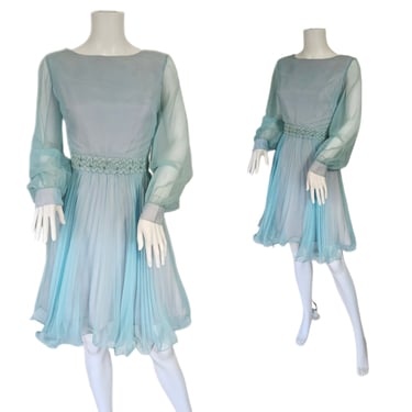 1960's Baby Blue Sheer Chiffon Short Pleated Mini Dress I Sz Med 