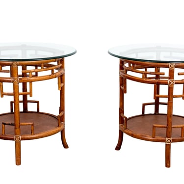 Pair of Rattan Chippendale Style Round Tables with Glass Tops