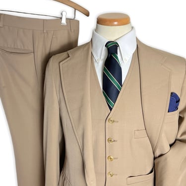 Vintage 1970s NORDSTROM Wool Gabardine 3pc Tan Suit ~ size 36 R ~ vest / waistcoat ~ pants / jacket / sport coat ~ 70s ~ 